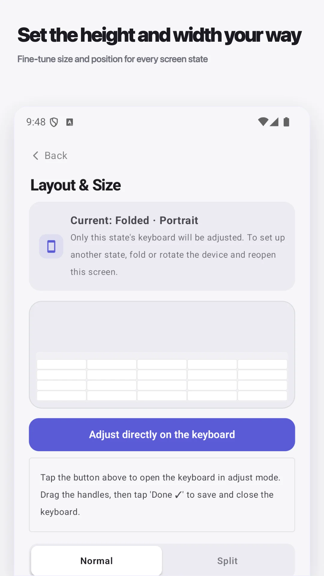 Layout and Size screen for adjusting keyboard height and width
